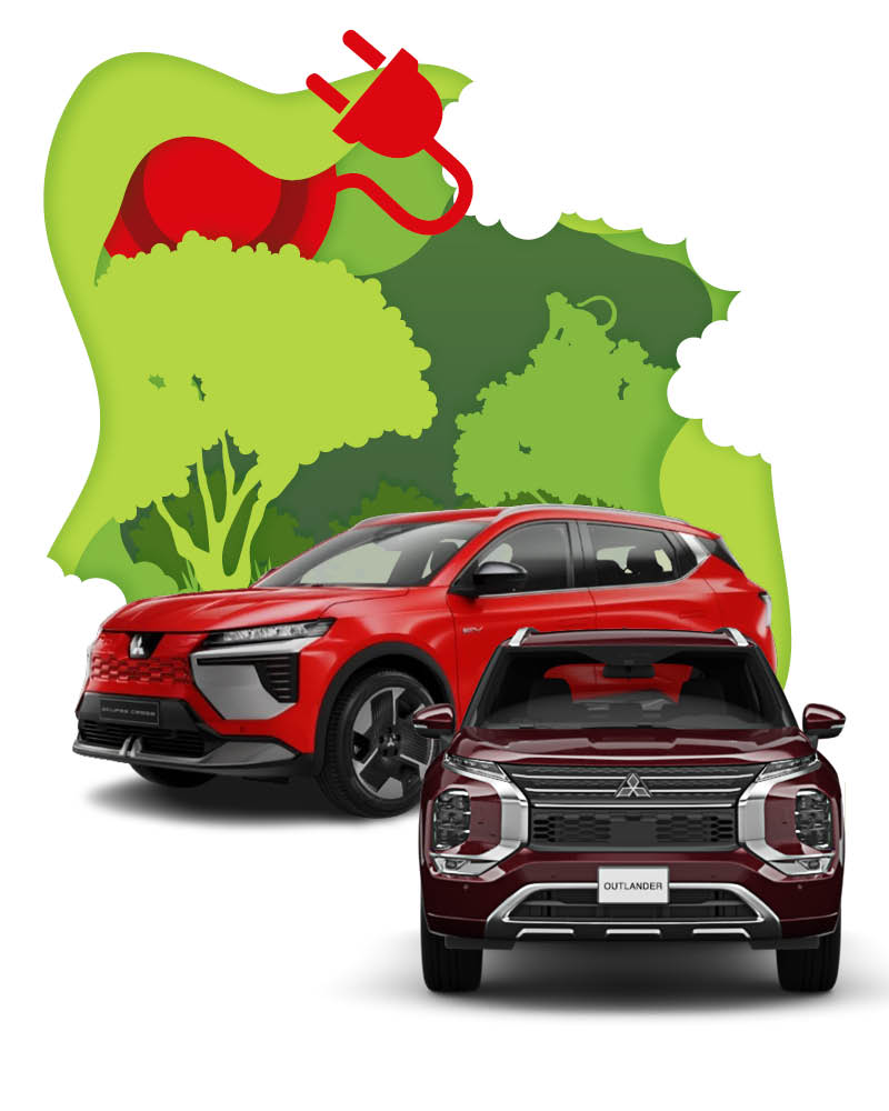 Zu sehen ist ein Mitsubishi Eclipse Cross und ein Mitsubishi Outlander vor einem weißen Hintergrund mit einem gezeichneten Waldstück