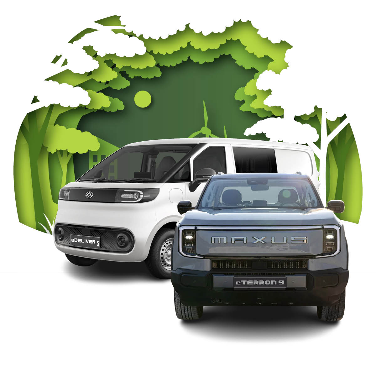 Zu sehen ist ein Maxus edeliver 5 und eterron 9