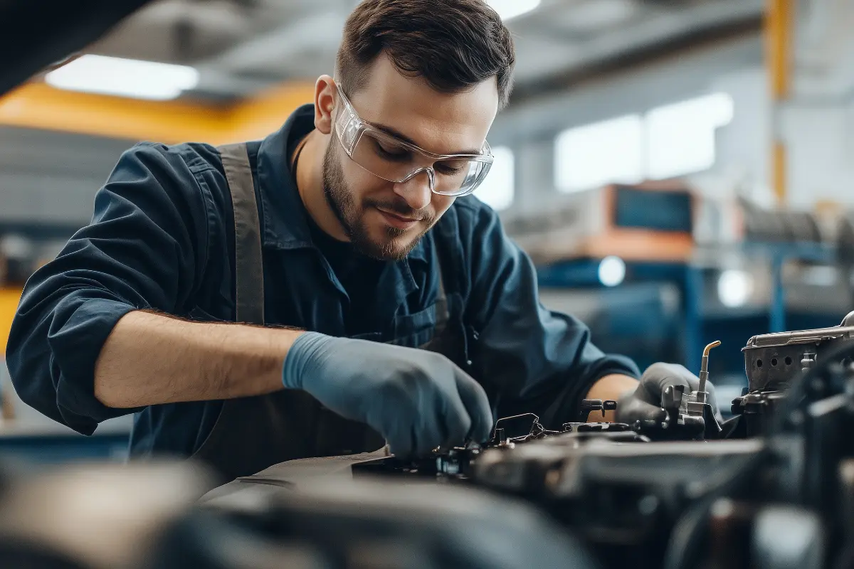 Ein Mechaniker befindet sich unter einem Fahrzeug und hält in seiner rechten Hand einen Schraubenschlüssel, während er daran arbeitet.